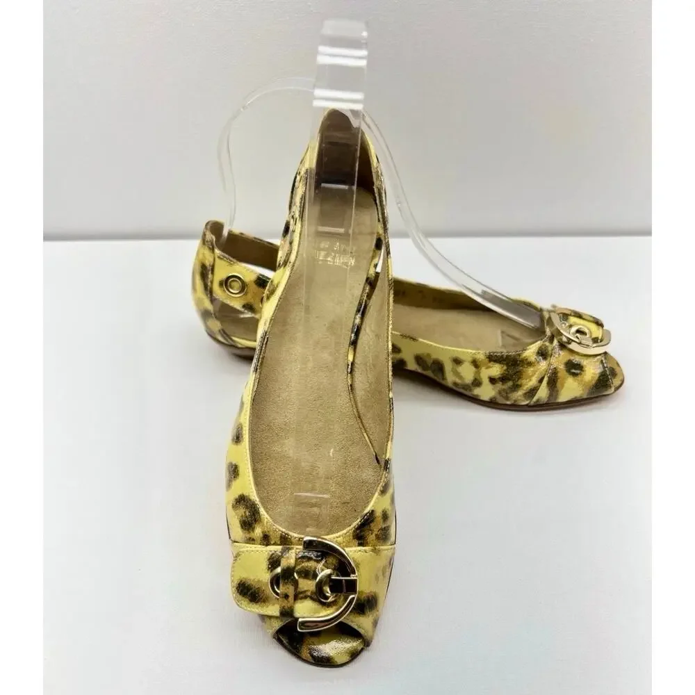 Stuart Weitzman Womens 7 SS Yellow Leopard Print Patent Leather Peep Toe Flats